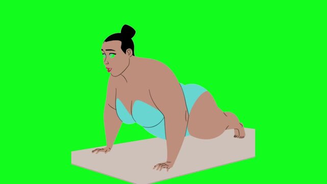 Overweight woman in bikini performs push-ups on block, slow motion 4k fitness workout footage