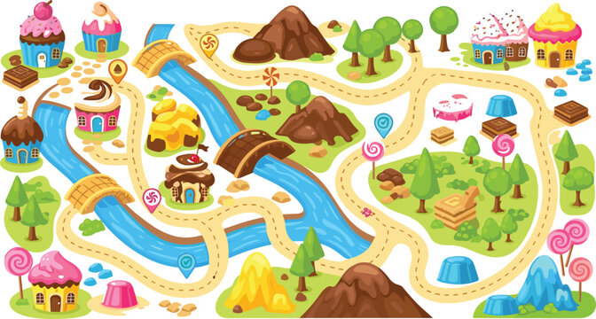 Candy land fantasy map with sweet houses rivers and mountains, colorful cartoon game level flat vector illustration