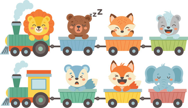 Cute animal train set with lion bear fox and elephant cartoon characters in wagons vector illustration