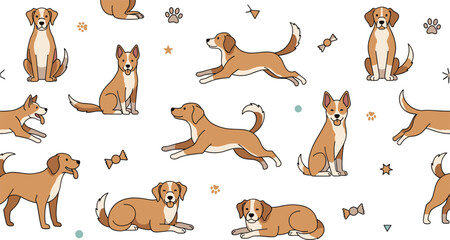 Obraz premium Cute dog seamless pattern with playful puppies bones and treats, hand drawn cartoon pet background flat vector illustration