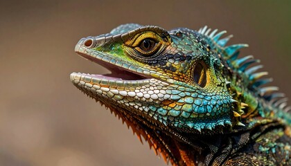 Fototapeta premium Vibrant lizard head shot with colorful scales in natural outdoor environment