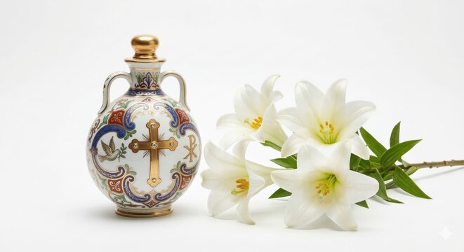 Hand painted porcelain chrism oil vessel with gold gilding and white Easter lilies isolated on white background