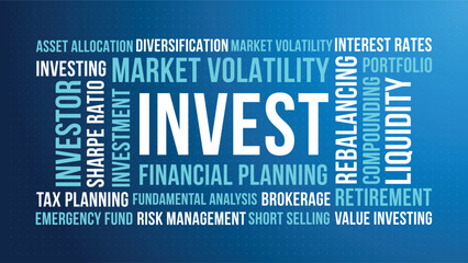 Invest Word Cloud Design for Poster, Wall Art, Financial Planning Banner, Classroom Decor. Invest modern blue finance typography © WordNest