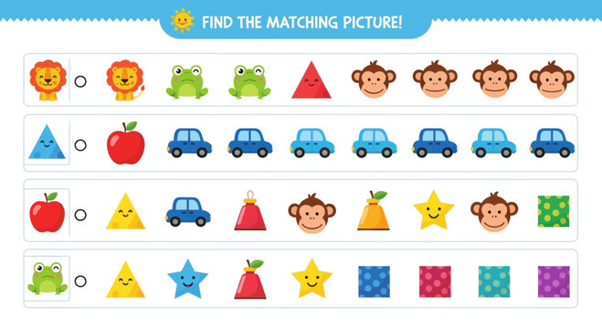 A colorful educational vector graphic illustrating a matching game for children
