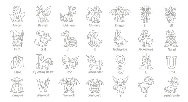 A vector graphic illustration of mythical creatures and monsters from A to Z in a minimalist line art style
