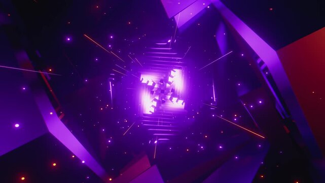 4k loop video of Dynamic rhythmic vj tunnel with interlocking angular shapes and glowing energy for VJ sets, high-tech club visuals,  electronic music festivals, stage screens and for LED video walls