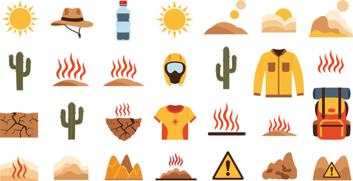 Desert survival and extreme heat icons set with sun cactus backpack clothing and warning signs vector illustration collection