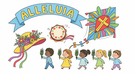 Fototapeta premium Children celebrating alleluia with festive decorations and joyful expressions