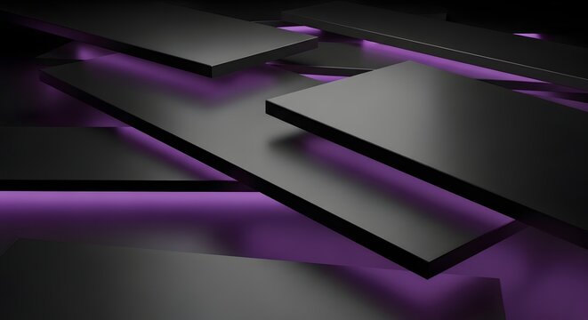 Abstract dark rectangular shapes with vibrant purple lighting and subtle shadows, creating a modern and sleek visual composition