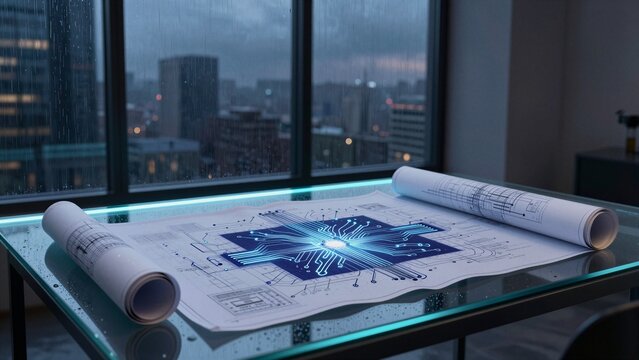 Architectural blueprints with glowing circuit design on a glass table, raindrops on the window behind.