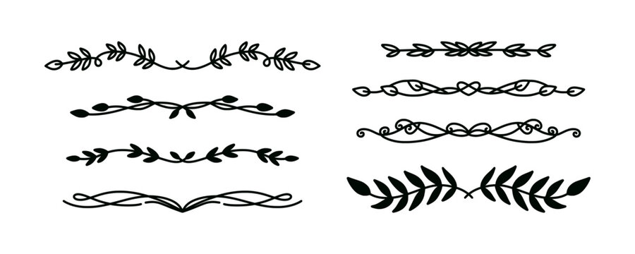 Decorative leafy dividers and laurel wreaths set. Natural doodle borders and botanical vignettes for organic branding and invitation design. Page separators, text dividers and border lines set.