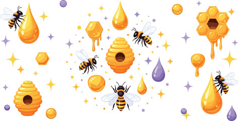 Honey bees and dripping honey elements collection with beehive nectar drops and sparkle decorations cartoon vector illustration set © MdNazmul