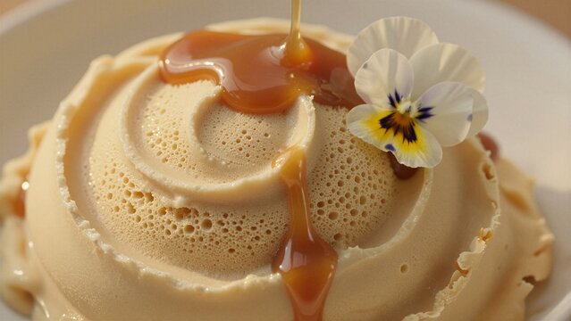 A close-up of a creamy peanut butter ice cream with caramel drizzle and edible flower garnish.