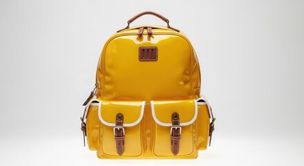 Fototapeta premium Yellow shiny backpack with brown leather accents and white trim isolated on white background
