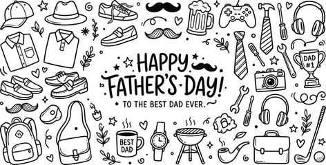Happy Father's day doodle set. Tie, mustache, hat, hammer, glasses, watch in sketch style. Hand drawn vector illustration isolated on white background  © Sheikh