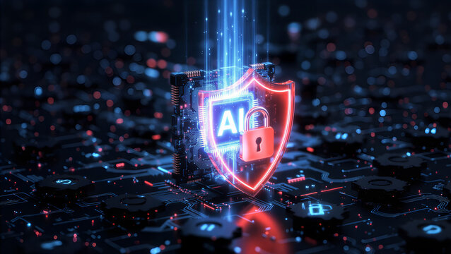 AI-Generated Concept of Cybersecurity Shield with Lock on Microchip Circuit