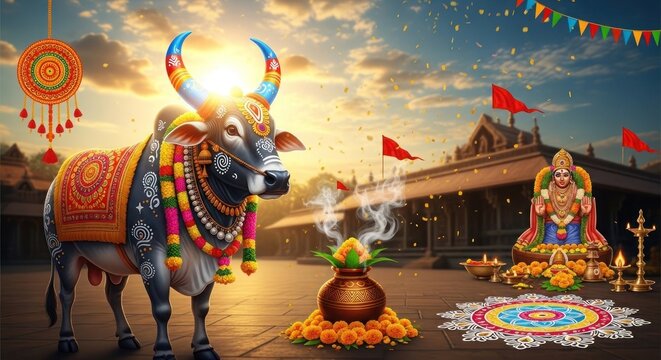 A colorful cow decorated with traditional indian ornaments and jewelry stands next to a temple and a statue of a hindu goddess on a festive day with flowers and rangoli
