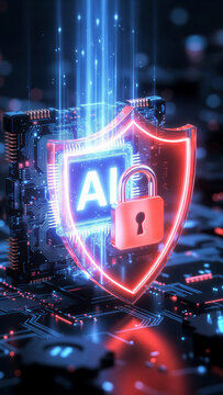 AI-Generated Concept of Cybersecurity Shield with Lock on Microchip Circuit