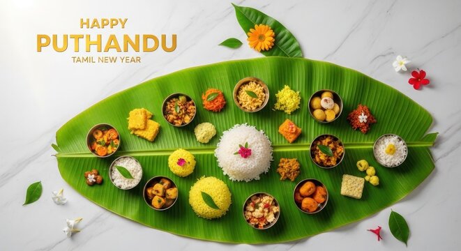 Happy puthandu tamil new year celebration with traditional food on banana leaf