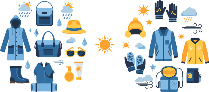 Seasonal clothing and weather icons set with raincoat winter jacket hat gloves boots backpack and sunny rainy elements vector illustration