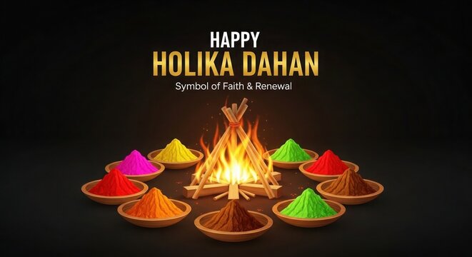 Vibrant powders in bowls around a fire for holika dahan celebration