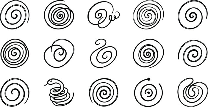 Hand Drawn Abstract Spiral Shapes, Scribble Doodles, and Geometric Vector Symbols for Creative Design
