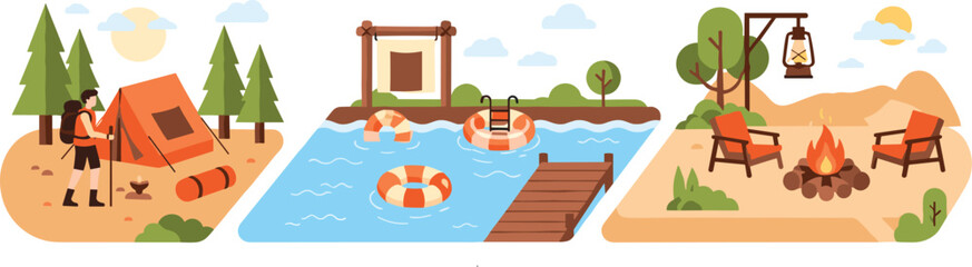 Summer camping scenes with tent lake swimming campfire chairs and outdoor adventure activities cartoon vector illustration set © MdNazmul