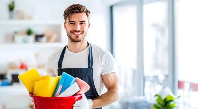 Smiling young man holding a bucket of cleaning sponges indoors