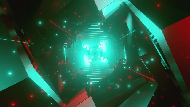 4k loop video of Dynamic rhythmic vj tunnel with interlocking angular shapes and glowing energy for VJ sets, high-tech club visuals,  electronic music festivals, stage screens and for LED video walls