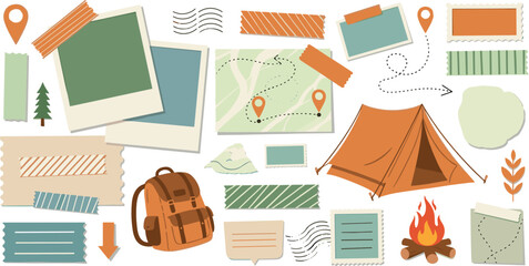 Travel scrapbook elements collection with map photos tent backpack stamps and camping adventure stickers vector illustration set © MdNazmul