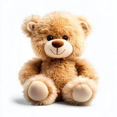 Obraz premium Cute fluffy light brown teddy bear sitting isolated on a white background