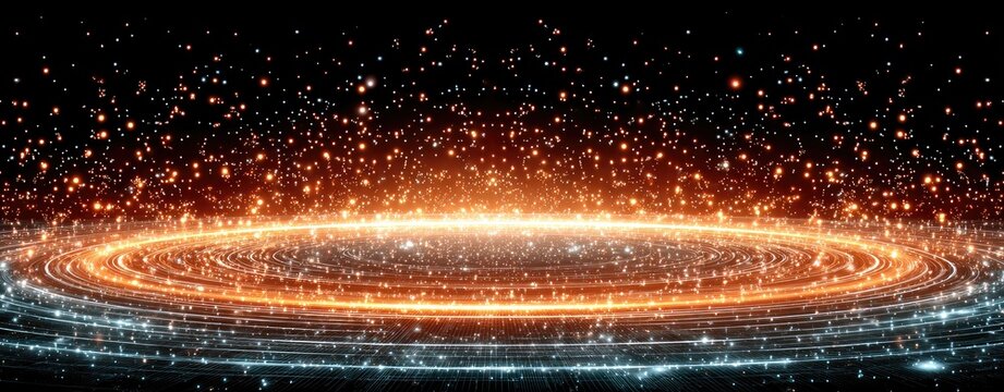 Futuristic Digital Singularity: Panoramic background of a swirling data vortex representing network communication, big data, and quantum computing.