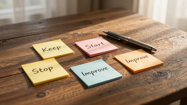 Colored sticky notes with 'Keep', 'Stop', 'Start', and 'Improve' written on them, arranged on a rustic wooden desk alongside a pen. Soft focus background suggests an office setting.