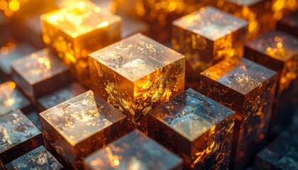 Obraz premium An abstract background of solid gold and silver cubes reflecting clear frozen ice and transparent water drops for a cool liquid gold drink