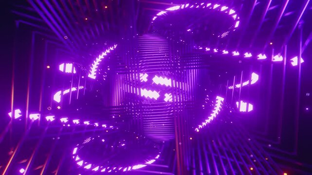 4k loop video of Dynamic rhythmic vj tunnel with interlocking angular shapes and glowing energy for VJ sets, high-tech club visuals,  electronic music festivals, stage screens and for LED video walls