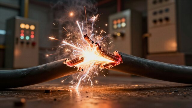 A dramatic close-up of a high-voltage electrical wire experiencing an arc flash, with bright sparks and intense light against an industrial background.