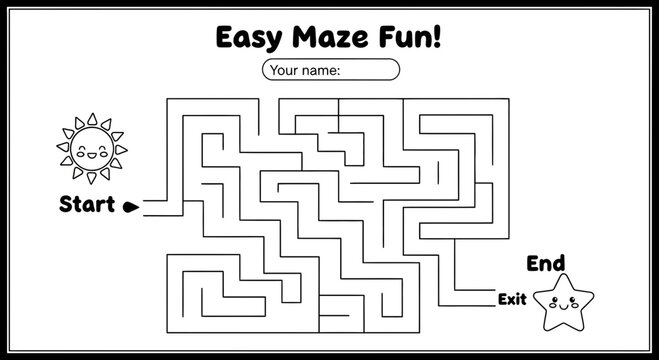 A simple maze for kids with a smiling sun and star