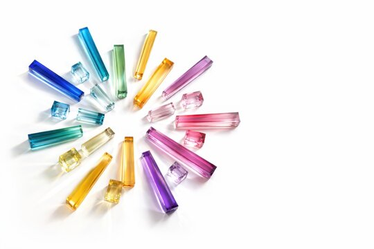 Radial composition of colored glass prisms and crystal blocks for World Art Day isolated on white background