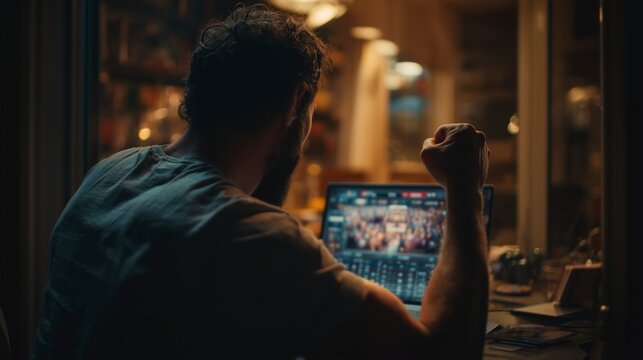 薄暗い室内でノートパソコンの画面に見入る男性の横顔