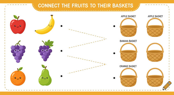 A colorful vector graphic illustration of a children's educational game where fruits are connected to their corresponding baskets