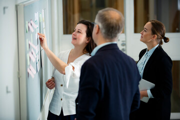 Smiling female mentor presenting project results on a whiteboard to her professional team. Positive...