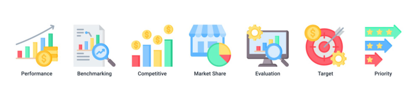 Performance Analysis web banner icon vector illustration with icons of Performance,Benchmarking,Competitive,Market Share,Evaluation,Target,and Priority