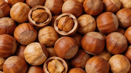Obraz premium Close up of Whole and Shelled Hazelnuts Displaying Rich Textures and Earthy Tones Highlighting Culinary Versatility and Nutritional Benefits