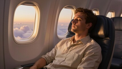 Fototapeta premium A man relaxes in an airplane seat, gazing out the window at a beautiful sunset with soft focus clouds and warm golden light.