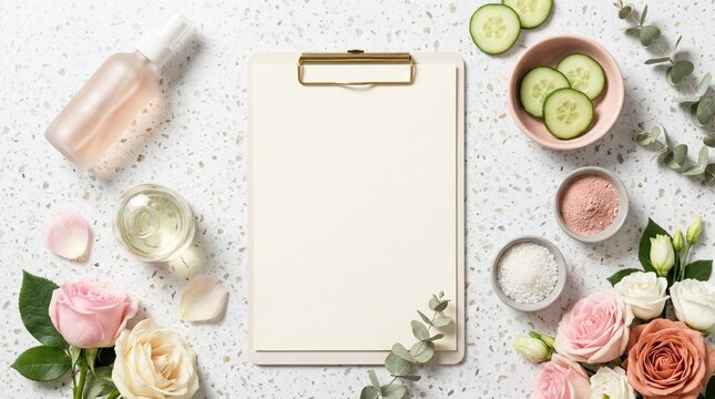 clipboard mockup skincare spa beauty wellness blank template on terrazzo background with roses cucumber slices eucalyptus and clay powder for natural organic cosmetic treatment menu