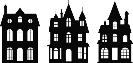Obraz premium Vintage house silhouette icon set with gothic architecture, detailed windows and roofs, spooky building collection vector illustration isolated on white background