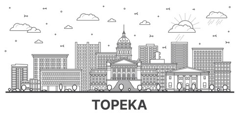 Obraz premium Outline Topeka USA city skyline with black buildings. Illustration. Business travel and Tourism Concept with Modern Architecture. Topeka cityscape with landmarks.
