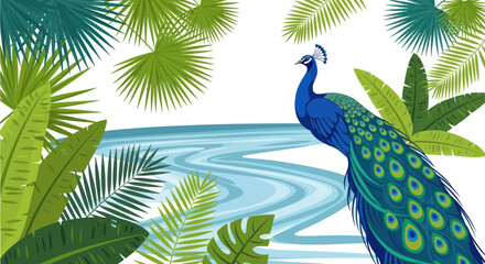Elegant peacock standing by a tranquil blue river amidst lush tropical foliage. © Varel
