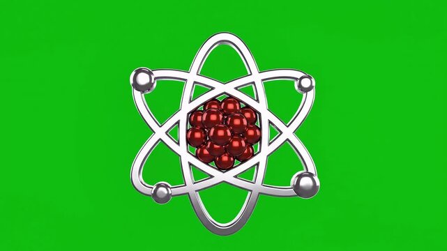 Abstract atomic model with nucleus and orbiting electrons on green screen.