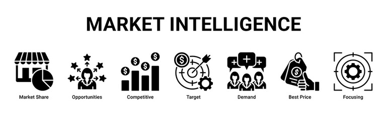 Market Intelligence web banner icon vector illustration with Market Share,Opportunities,Competitive,Target,Demand,Best Price,and Focusing © Arjuna
